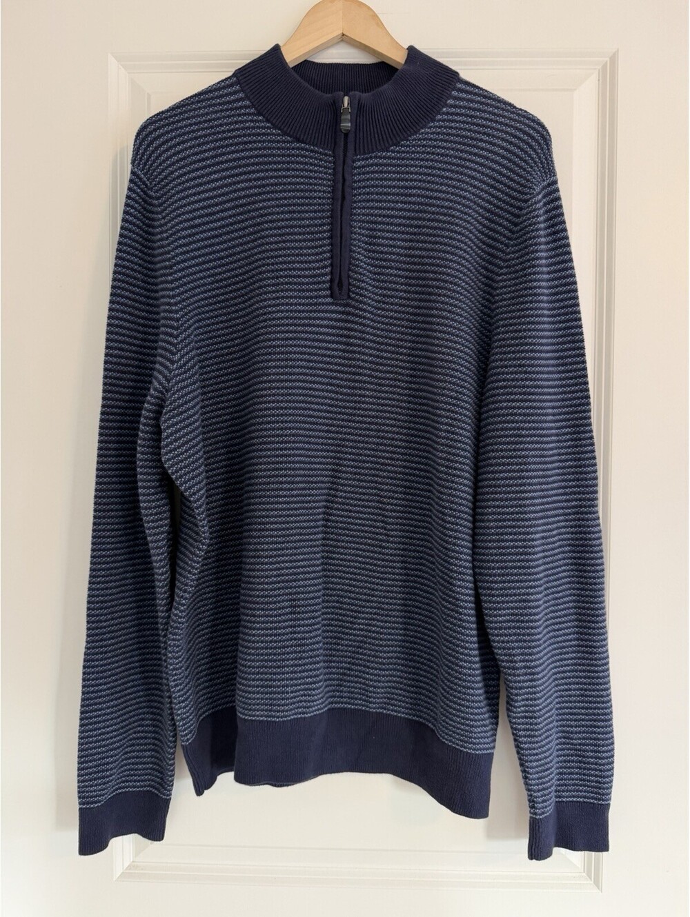 Jos. A. Bank 1905 Men’s Quarter-Zip Sweater Navy Striped Elbow Patch XL Preppy